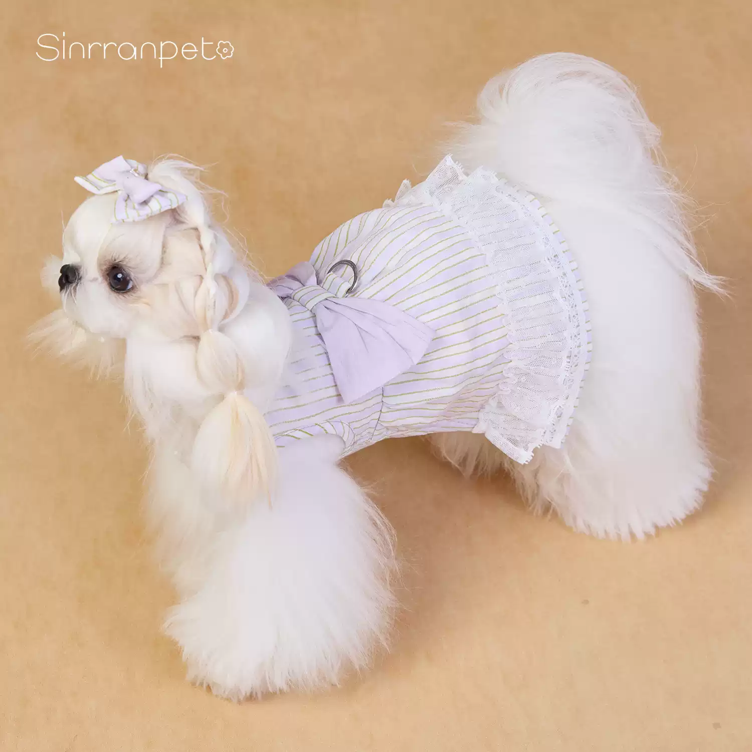 原创韩系宠物衣服小众文艺风小型犬连衣裙进口棉麻条纹夏季狗衣服