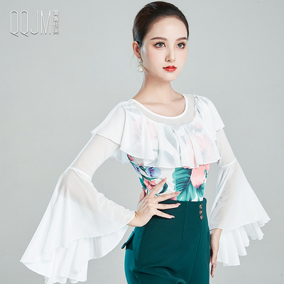 摩登舞上衣女新款黑色喇叭袖