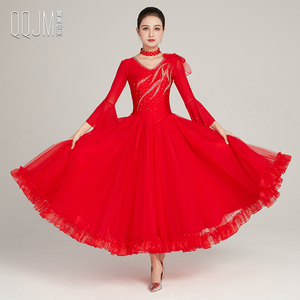 2024新款摩登舞裙荷叶袖大摆网纱连衣裙华尔兹国标舞交谊舞演出服
