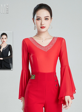 摩登舞上衣女秋新款黑色冰丝喇叭袖国标舞拉丁舞服华尔兹烫钻长袖