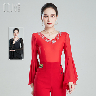 摩登舞上衣女秋新款黑色冰丝喇叭袖国标舞拉丁舞服华尔兹烫钻长袖