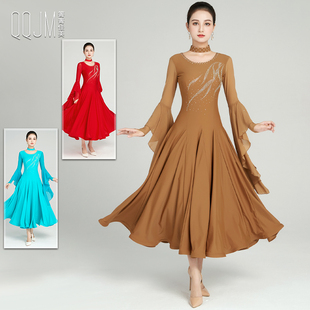 摩登舞裙2025春夏新款荷叶袖大摆连衣裙弹力修身交谊舞蹈服套手指