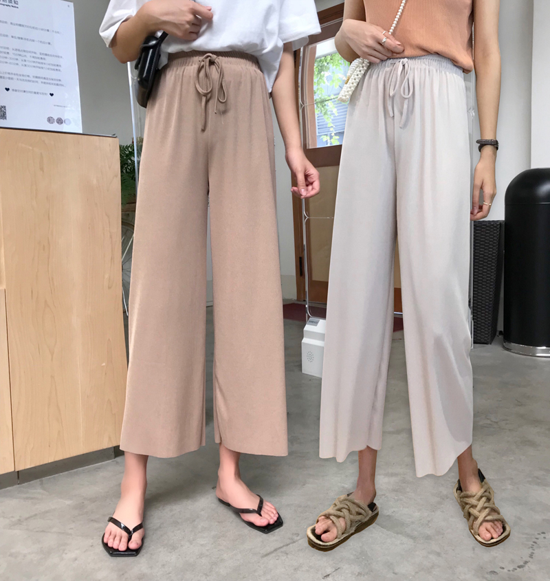 Spring new style solid color versatile elastic waist casual pants wide leg pants drop feeling Capris women's pants