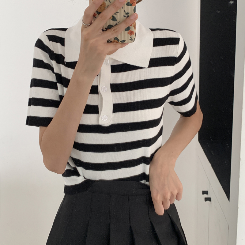 Korean loose and versatile T-shirt girl student polo collar stripe short sleeve T-shirt
