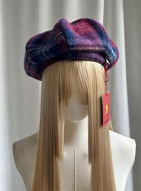 秋冬纯羊毛加大八角贝雷帽显脸小南瓜HarrisTweed紫色保暖哈里斯