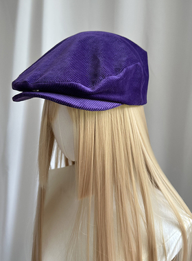 灯芯绒紫色暗扣鸭舌帽英伦复古前进帽时尚百搭纯色报童帽显脸小新