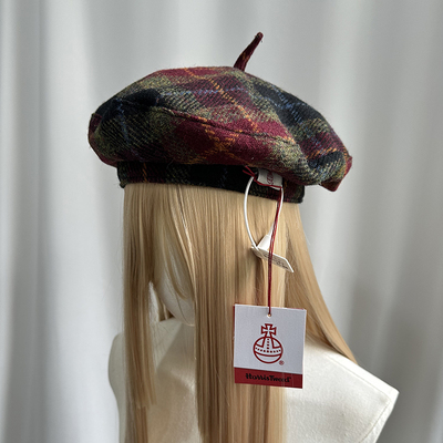 100%纯羊毛哈里斯纯羊毛格纹画家帽圣诞节HarrisTweed复古帽子