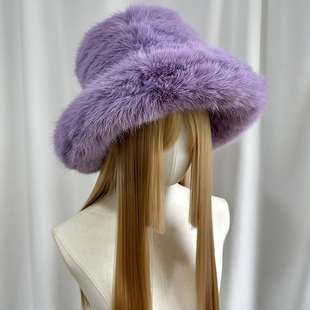仿皮草帽紫色24款毛毛盆帽气质冬季加厚保暖旅游滑雪东北防寒帽子