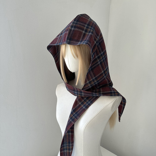 复古红格纹连帽围巾一体女春夏包头帽日系慵懒风格度假拍照出片