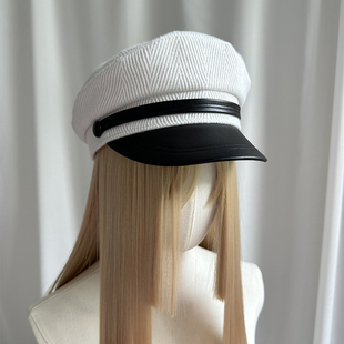 秋冬白拼色秋冬小帽檐鸭舌帽女呢子水手帽高级感穿搭立体有型平顶