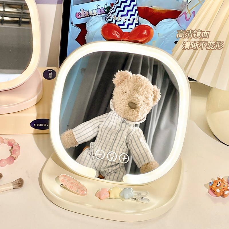 简约ins风镜子女学生宿舍桌面可立LED台式镜小巧可折叠随身化妆镜