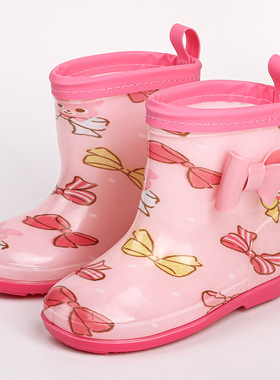 儿童宝宝公主粉色雨鞋蝴蝶结甜美红色手提雨靴雨天踩水鞋沙滩鞋