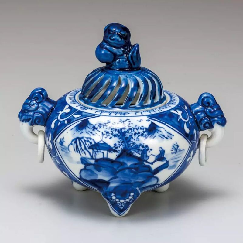 染付山水 4.5号香炉 九谷烧 日本代购 瓷器 进口熏线香薰包邮包税
