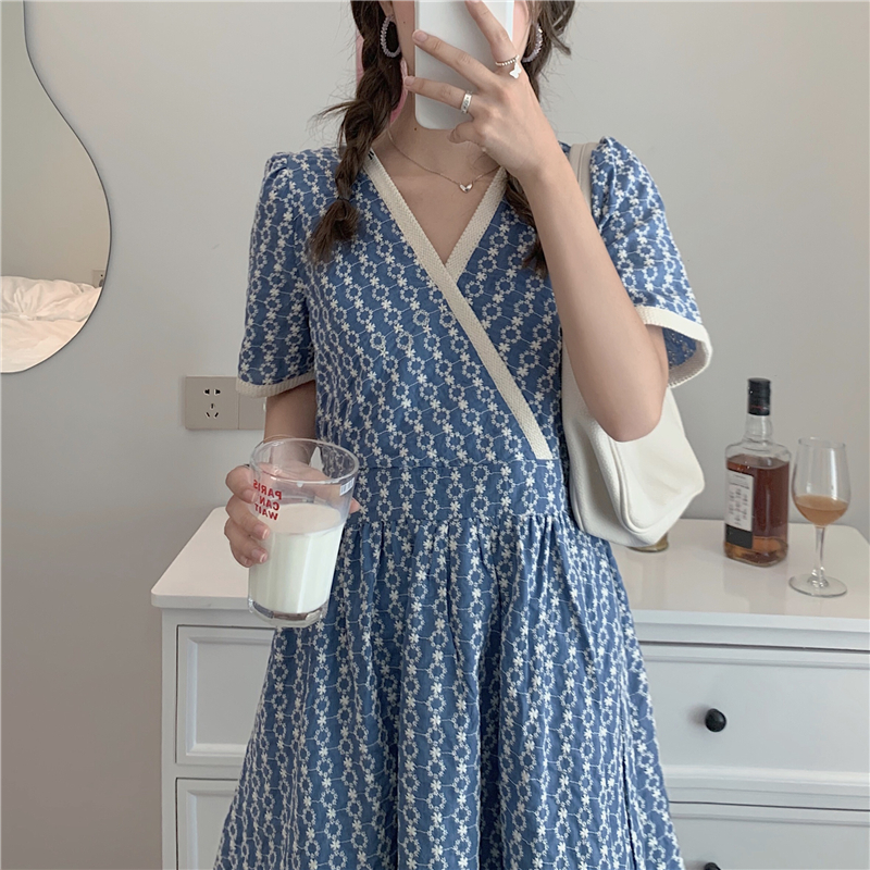 A-line short sleeve V-neck Jacquard Dress