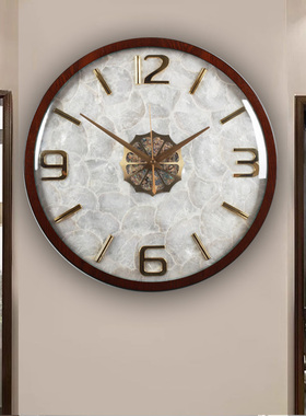 挂钟客厅简约木质石英钟表轻奢贝壳家用时钟卧室书房静音钟表挂墙