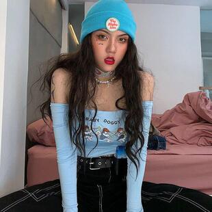 ins超火的辣妹性感t恤女春秋款紧身一字领露肩短款露腰内搭上衣夏