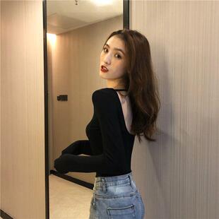 春秋季紧身露背t恤女士性感心机修身上衣大领口露锁骨长袖打底衫