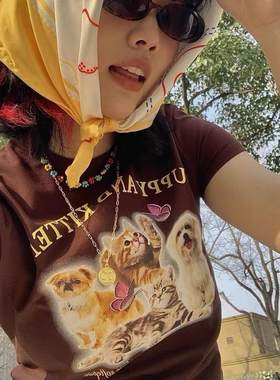 女生衣服夏天bm风盐系褐色上衣短款紧身露脐美式复古辣妹短袖t恤