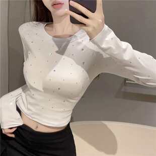 韩范名媛风烫钻紧身t恤女士春秋天气质短款露腰内搭打底衫上衣冬