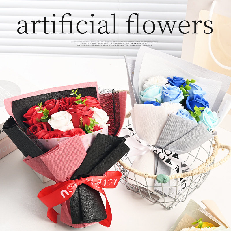仿真玫瑰康乃馨教师节礼品小花束创意香皂花礼盒母亲节情人节礼物
