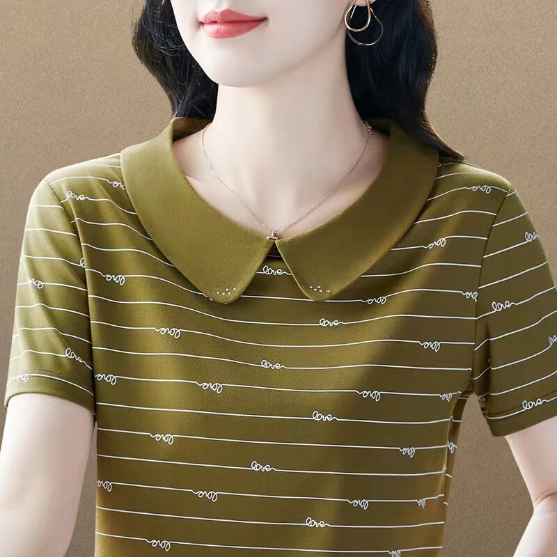 女士显瘦夏季短袖t恤年新款宽松休闲百搭减龄中年妈妈娃娃领上衣