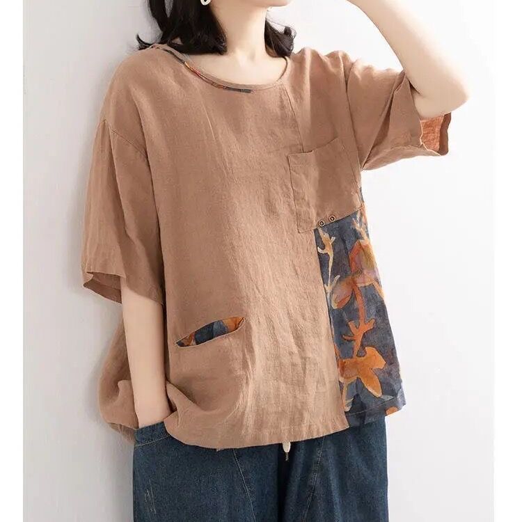 胖MM拼接撞色棉麻打底小衫女妈妈装夏季新款宽松显瘦短袖T恤上衣