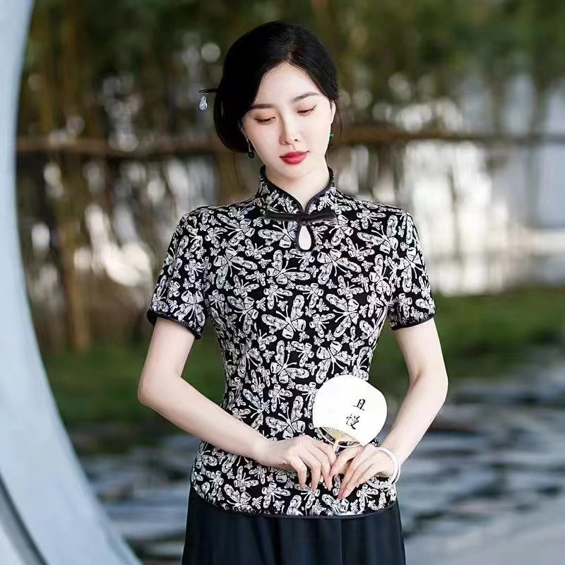 新款夏季中国风改良短袖旗袍女时尚复古弹力素雅日常汉服唐装上衣