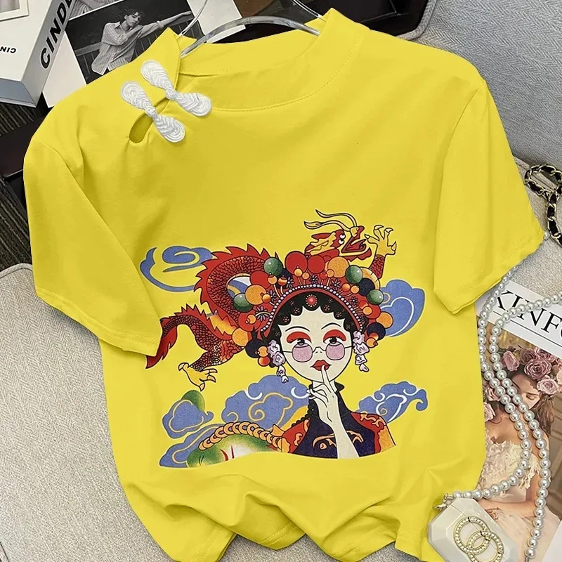 时尚中国风短袖t恤女复古小清新印花夏季新款立领盘扣设计感上衣