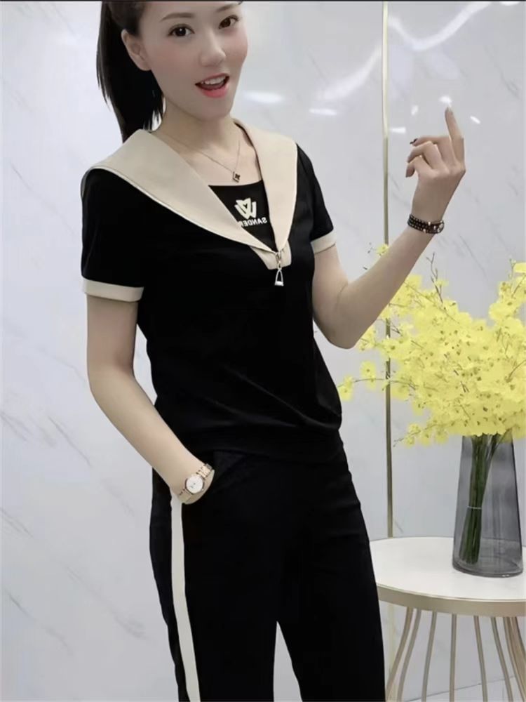 时尚女士休闲套装夏季新款修身显瘦减龄遮肚短袖高腰运动裤两件套