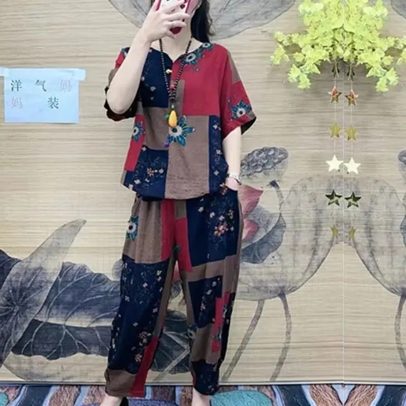 中老年夏季女装套装女大码宽松洋气休闲时尚减龄胖妹妹短袖两件套
