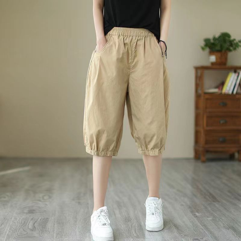 休闲裤纯棉短裤女夏季爆款宽松大码直筒高腰五分裤六分阔腿哈伦裤