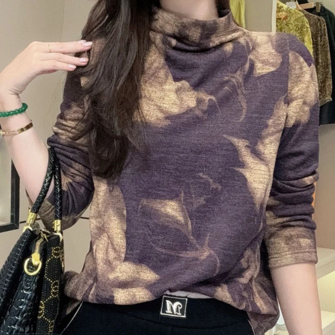 时尚复古印花长袖T恤女新款半高领妈妈上衣秋冬季洋气内搭打底衫