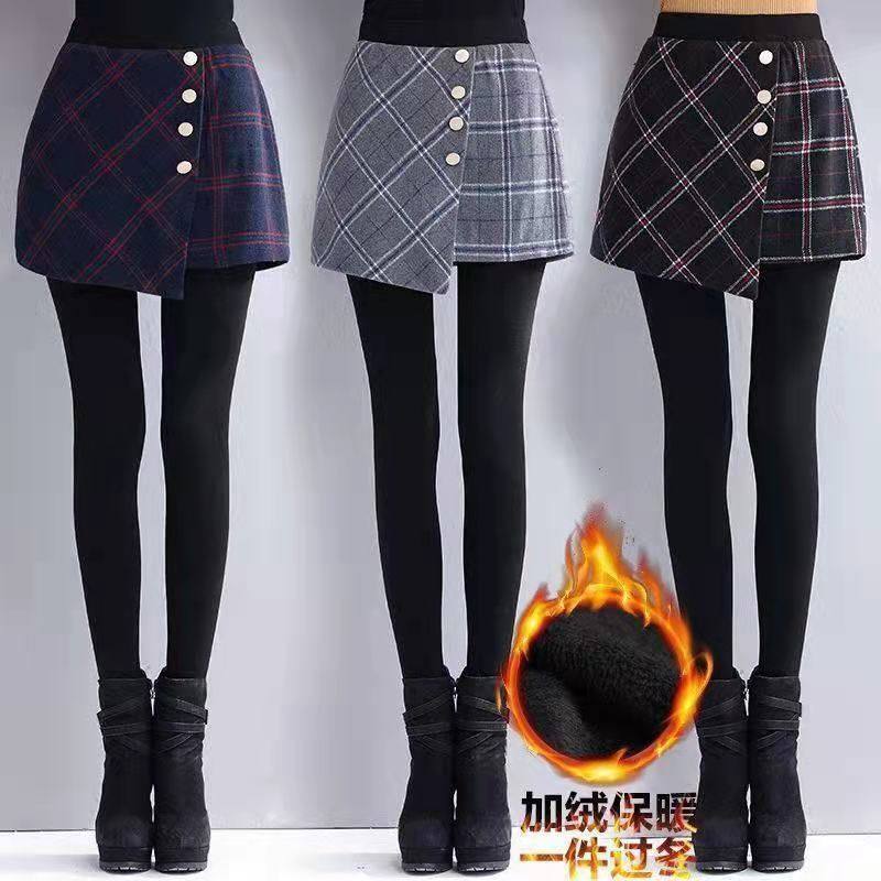 秋冬季加绒加厚假两件打底裤女外穿脚袜裤保暖包臀裙裤一体连裤裙