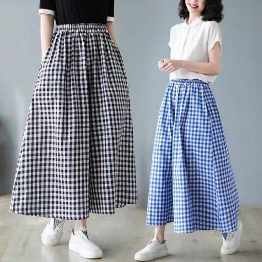 格子休闲九分裤女新款夏季田园风新款宽松显瘦妈妈慵懒阔腿裙裤子