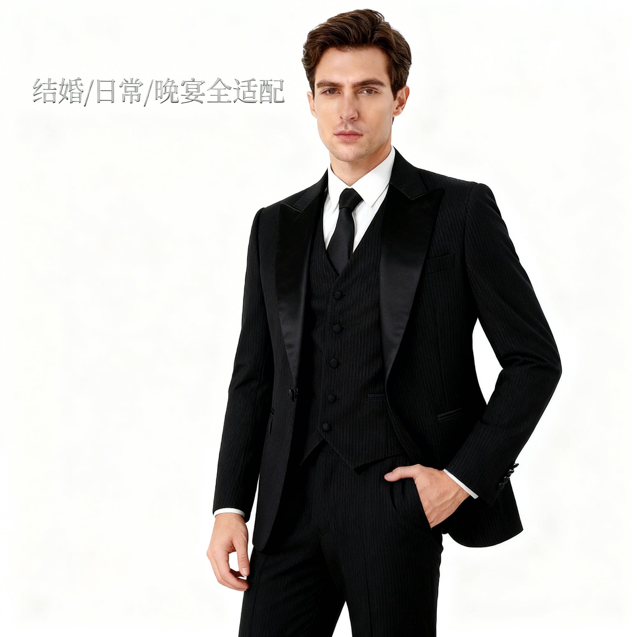 商务修身新郎结婚西装三件套