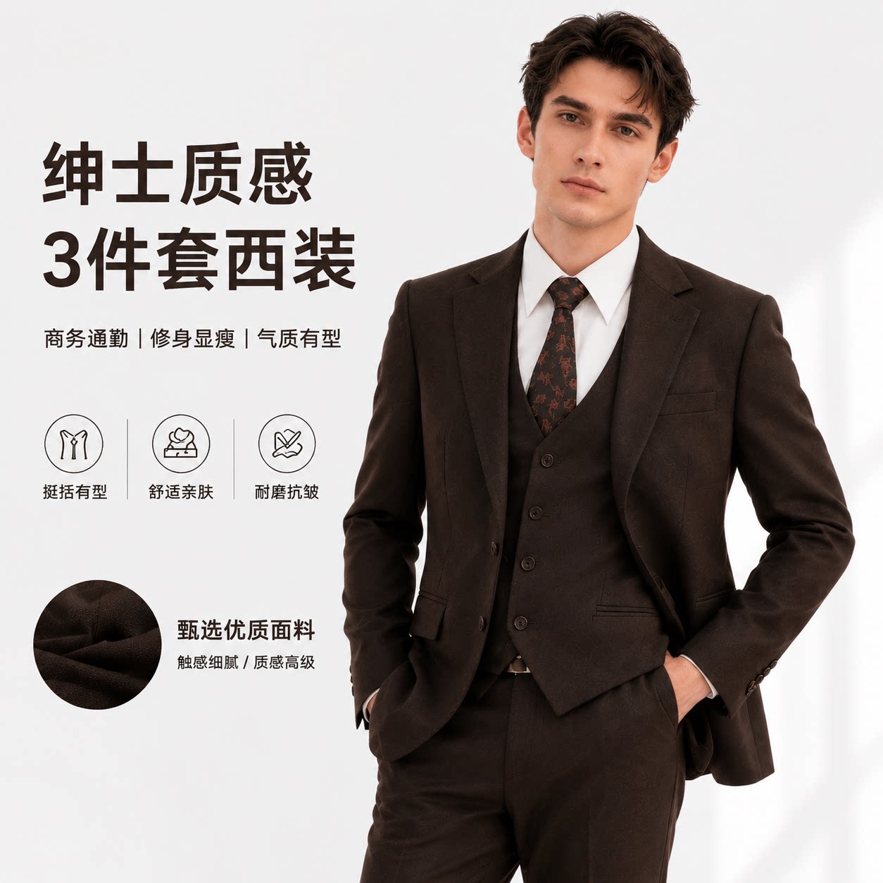卡其复古男士修身婚礼西装三件套