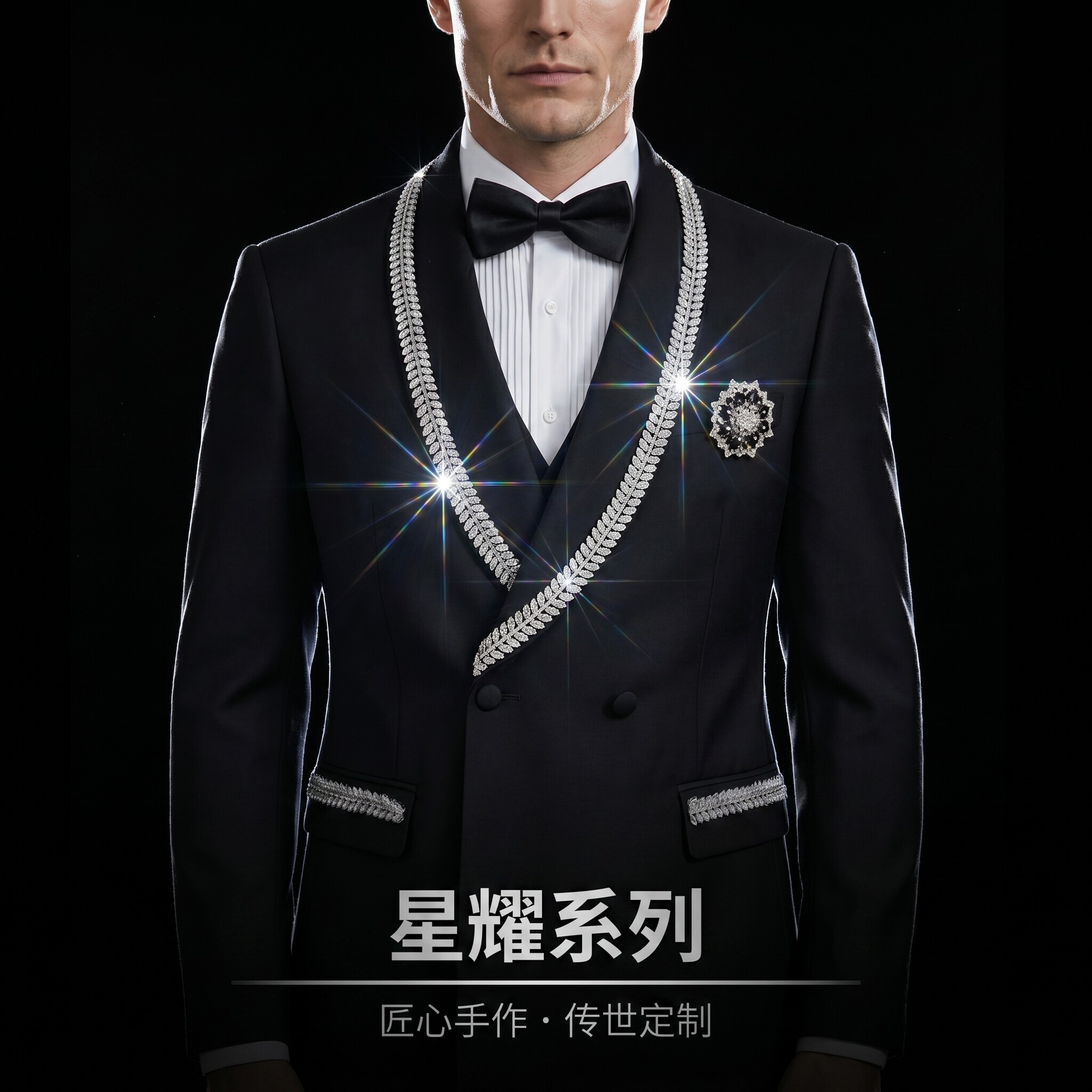 黑色青果领钻石装饰西服套装男