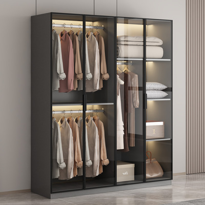 实木衣柜家用卧室玻璃门小户型简易收纳柜现代简约储物柜定制衣橱