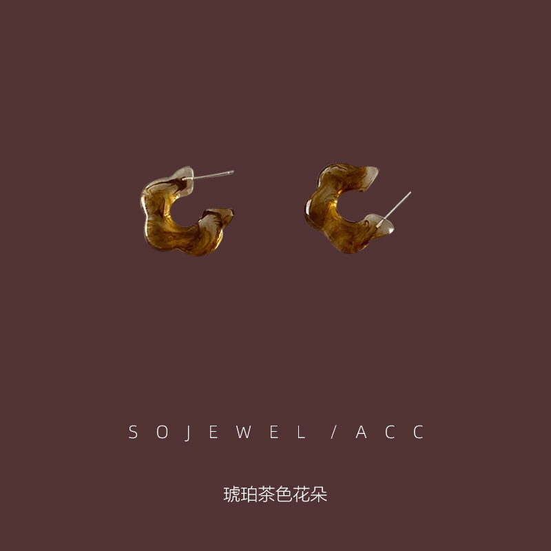 琥珀色茶系花朵耳环925银针耳钉