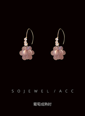 「葡萄成熟时」紫色猫眼石小葡萄珍珠耳环法式轻奢感精致新款耳饰