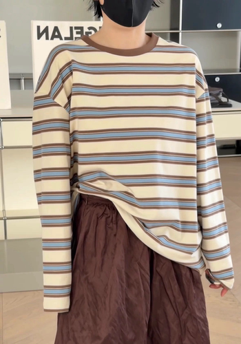 诗歌兰26秋款 97828韩系慵懒风时髦长袖条纹T恤女休闲套头衫