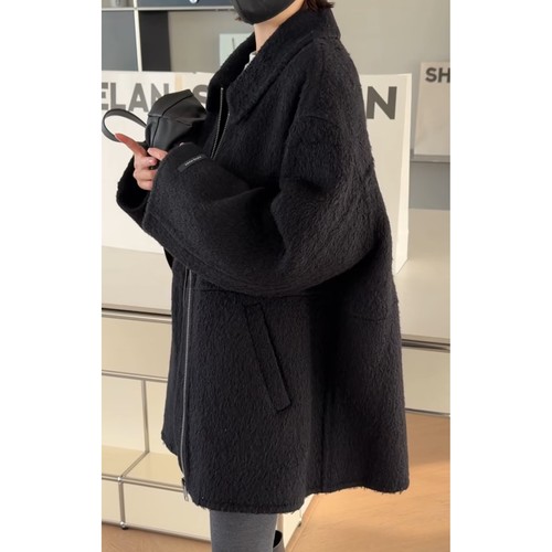 秒发 诗歌兰女装2025冬款247172时尚黑色翻领拉链双面羊绒外套女