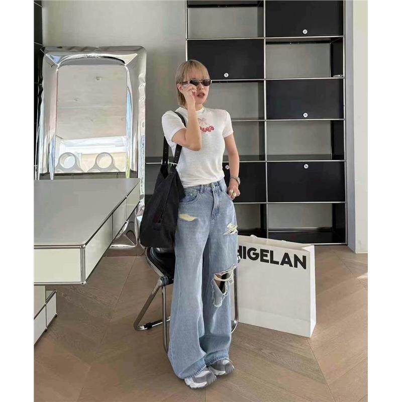 秒发30698诗歌兰裤子2025春款 时髦街头个性破洞裤直筒裤牛仔裤女