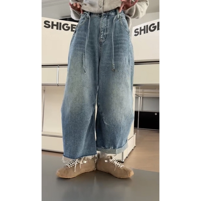 18868诗歌兰女装2025冬款 气质蓝色毛边阔腿裤抓毛九分牛仔裤女