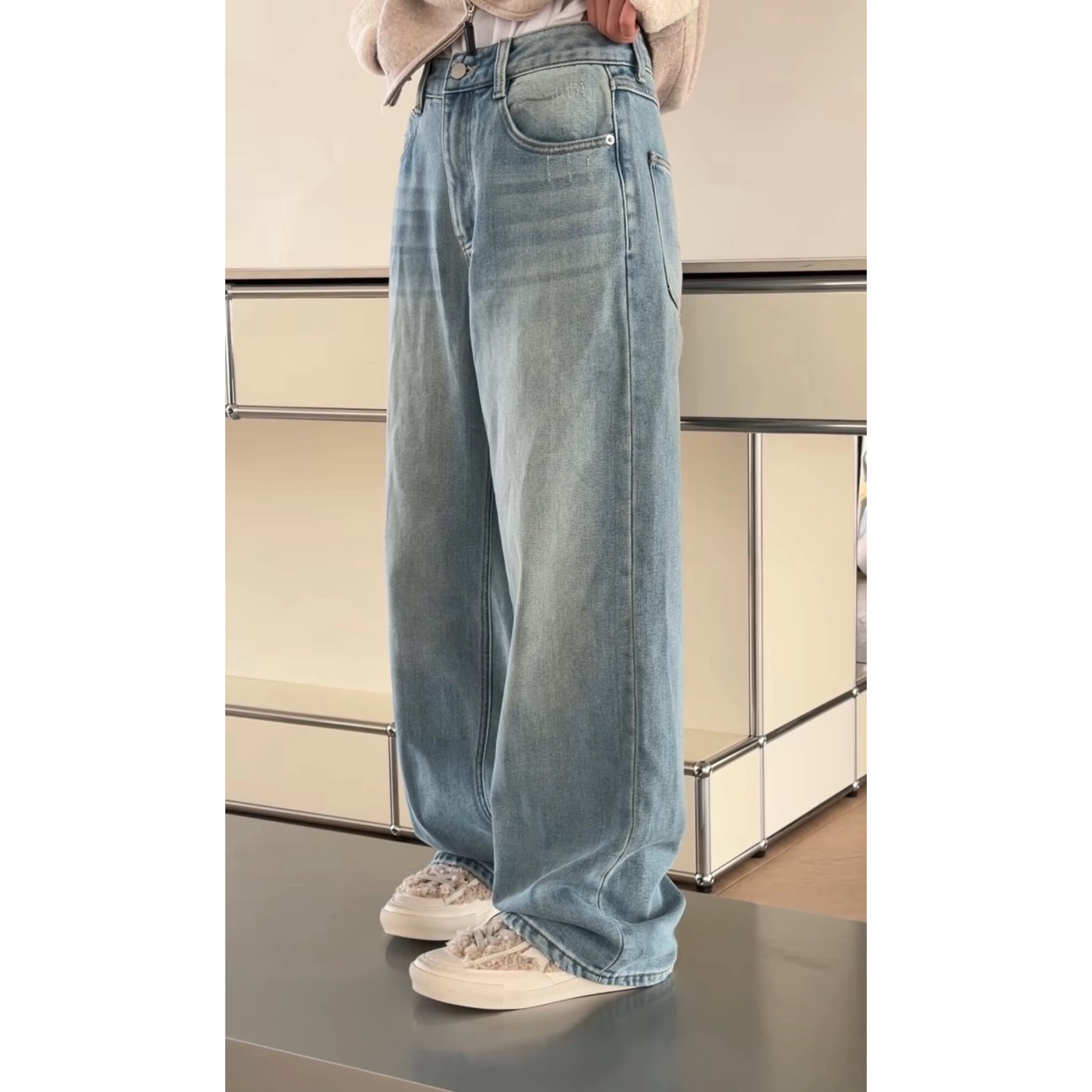 诗歌兰新款女装2025冬款 18662复古街头美式直筒裤植绒牛仔裤女