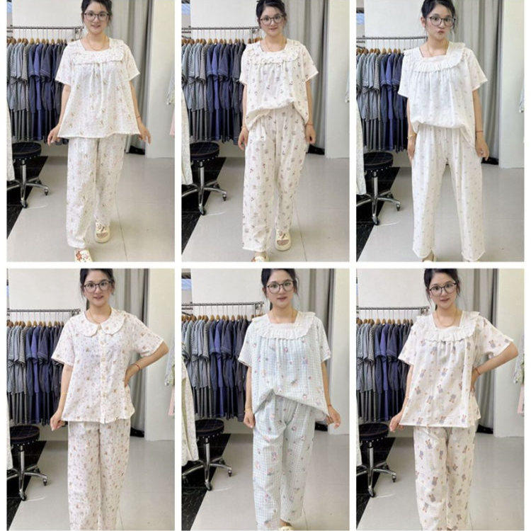 女士双层棉纱睡衣夏季短袖家居服