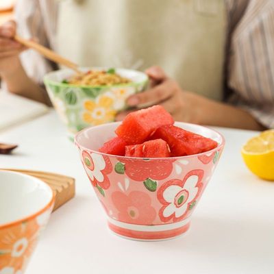 陶瓷斗笠饭碗花漾日式高颜值家用小碗防烫沙拉高脚甜品儿童碗餐具