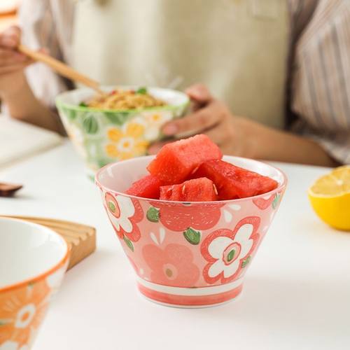 陶瓷斗笠饭碗花漾日式高颜值家用小碗防烫沙拉高脚甜品儿童碗餐具