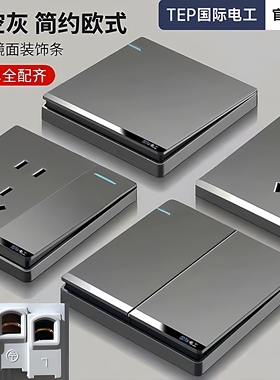 TEP国际电工86型开关插座家用磨砂灰色暗装一开单双控USB五孔面板