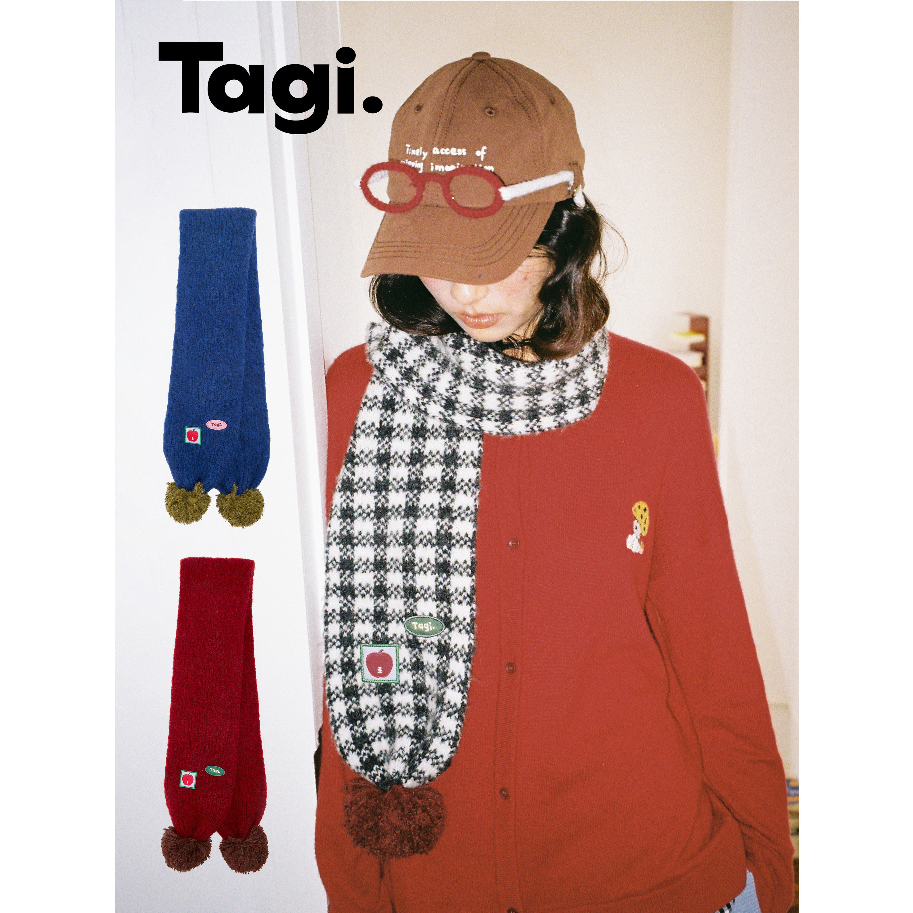 Tagi.球球针织保暖秋冬纯色围巾格纹毛球通勤百搭围脖